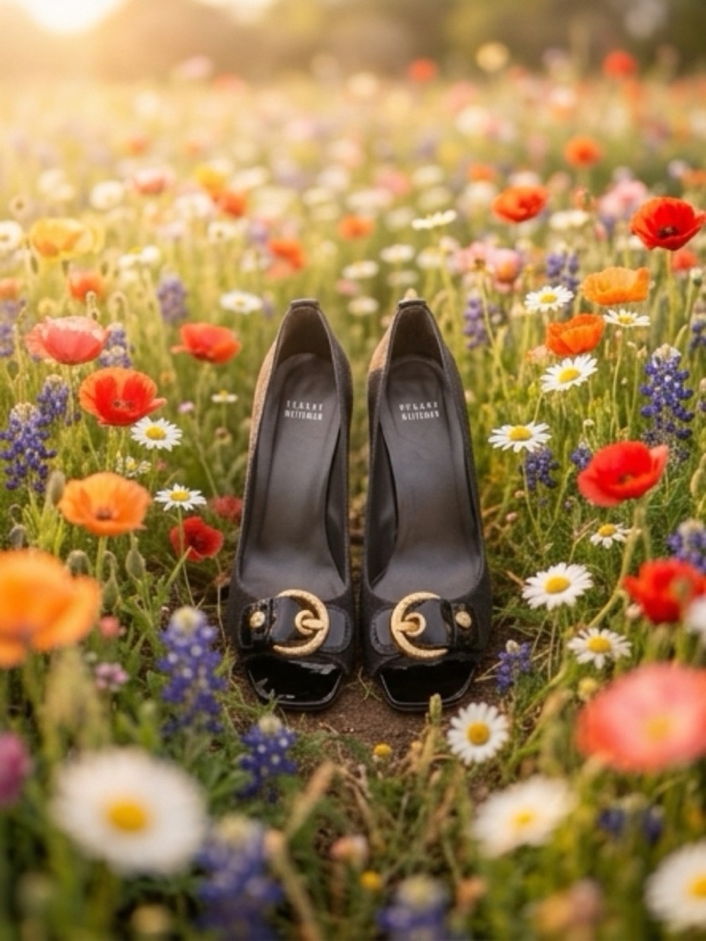 Stuart Weitzman Black Patent Peep-Toe Heels with Gold Buckle